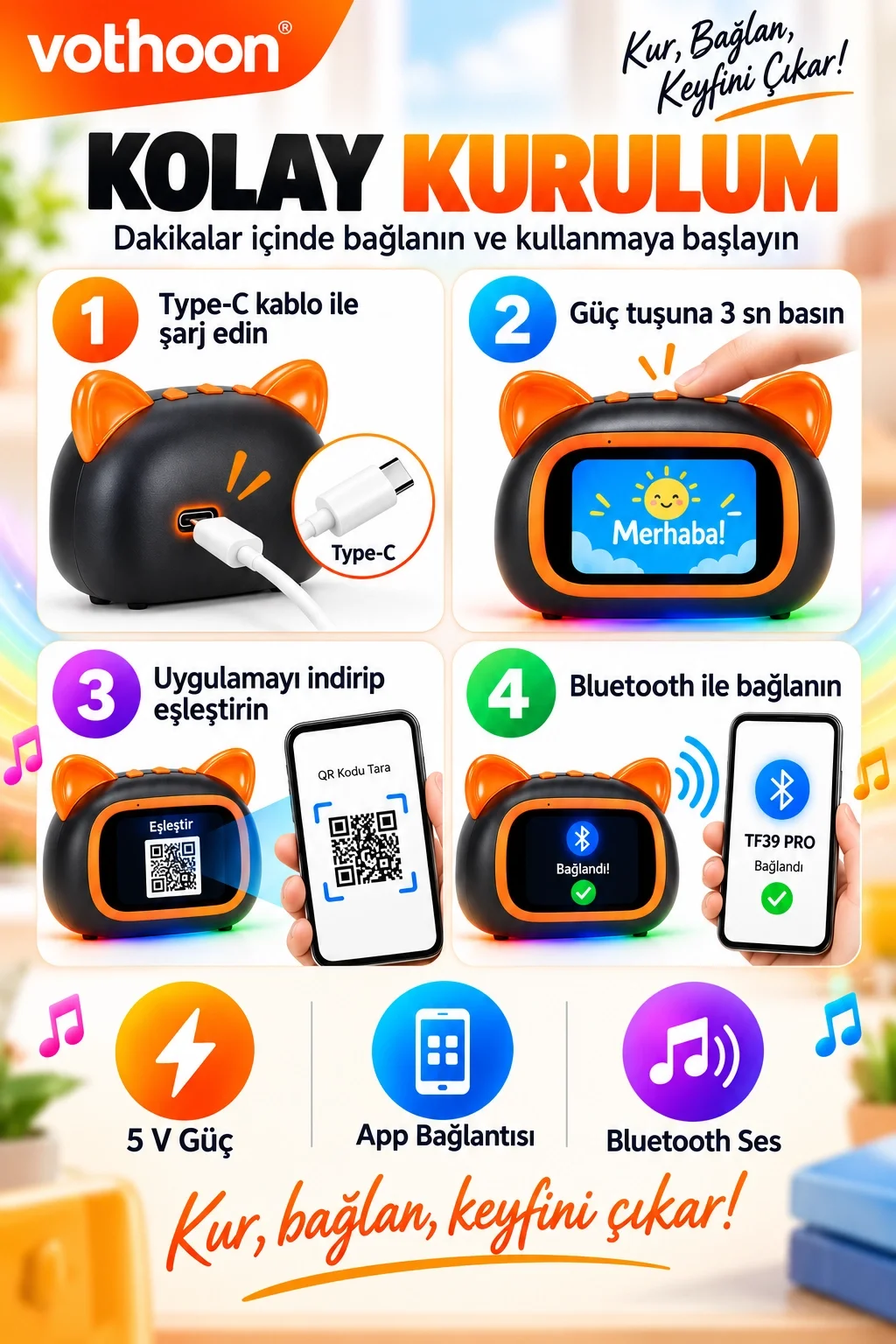 TF39 PRO Yapay Zekalı Bluetooth Hoparlör – Renkli Ekran, RGB Işık, Alarm ve Saat görsel 4