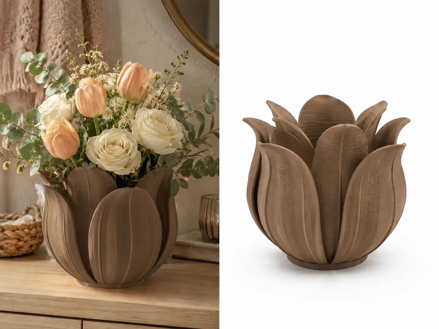 3D Baskı Lotus Yapraklı Vazo - Dekoratif Çiçeklik-Kahverengi