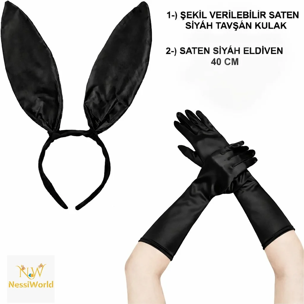 Siyah Parlak Tavşan Kulak ve 40 cm Parlak Siyah Eldiven Kostüm Seti görsel 2