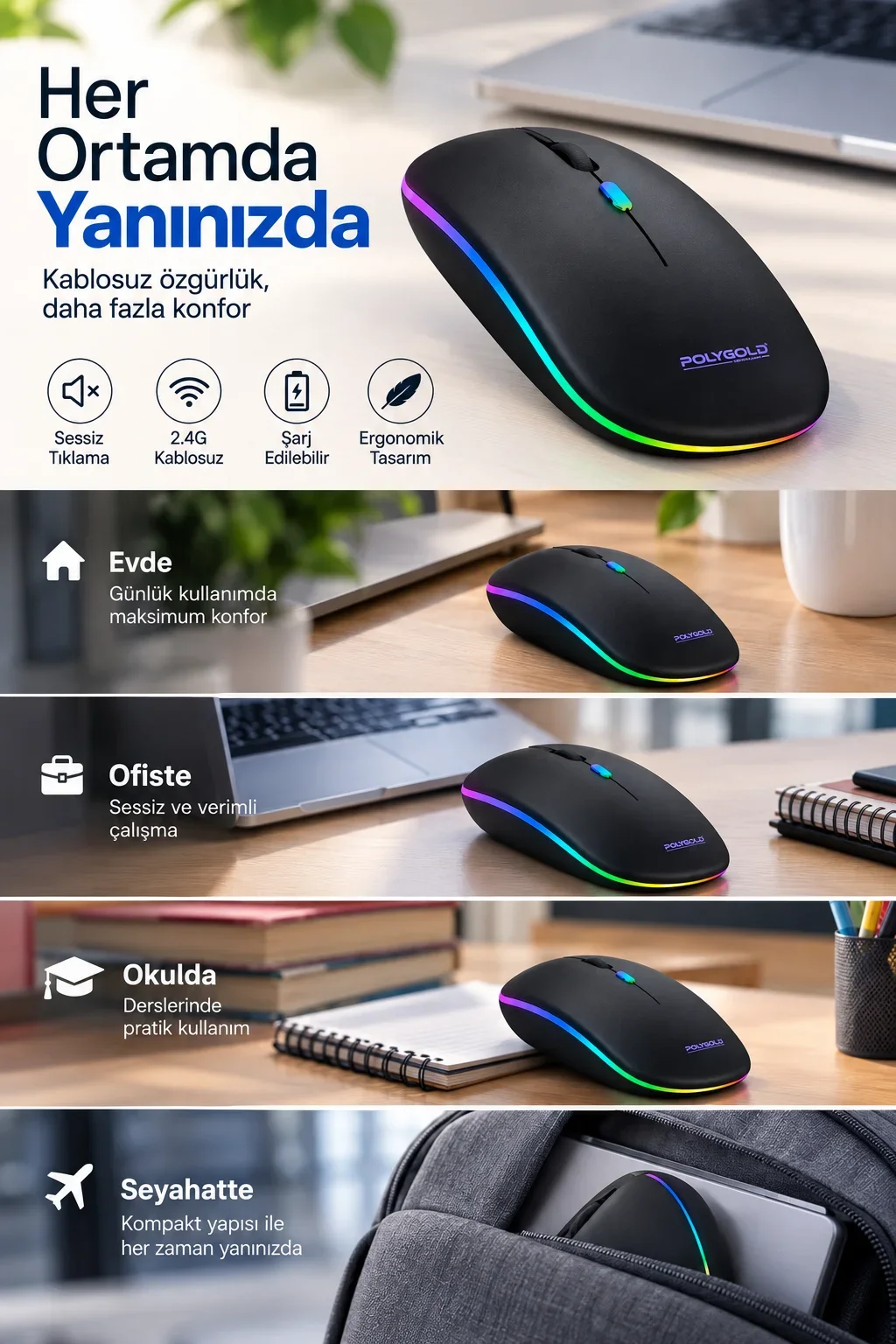 8 10 Metre Menzilli Şarj Edilebilir Kablosuz Mouse
