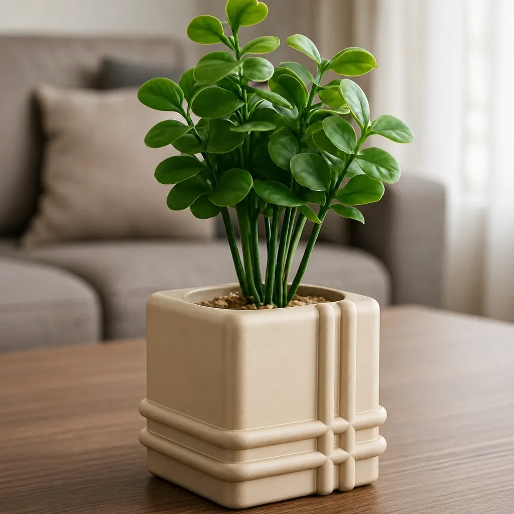 3D Baskı Square Planter - Izgara Desenli Küp Saksı-Bej görsel 2