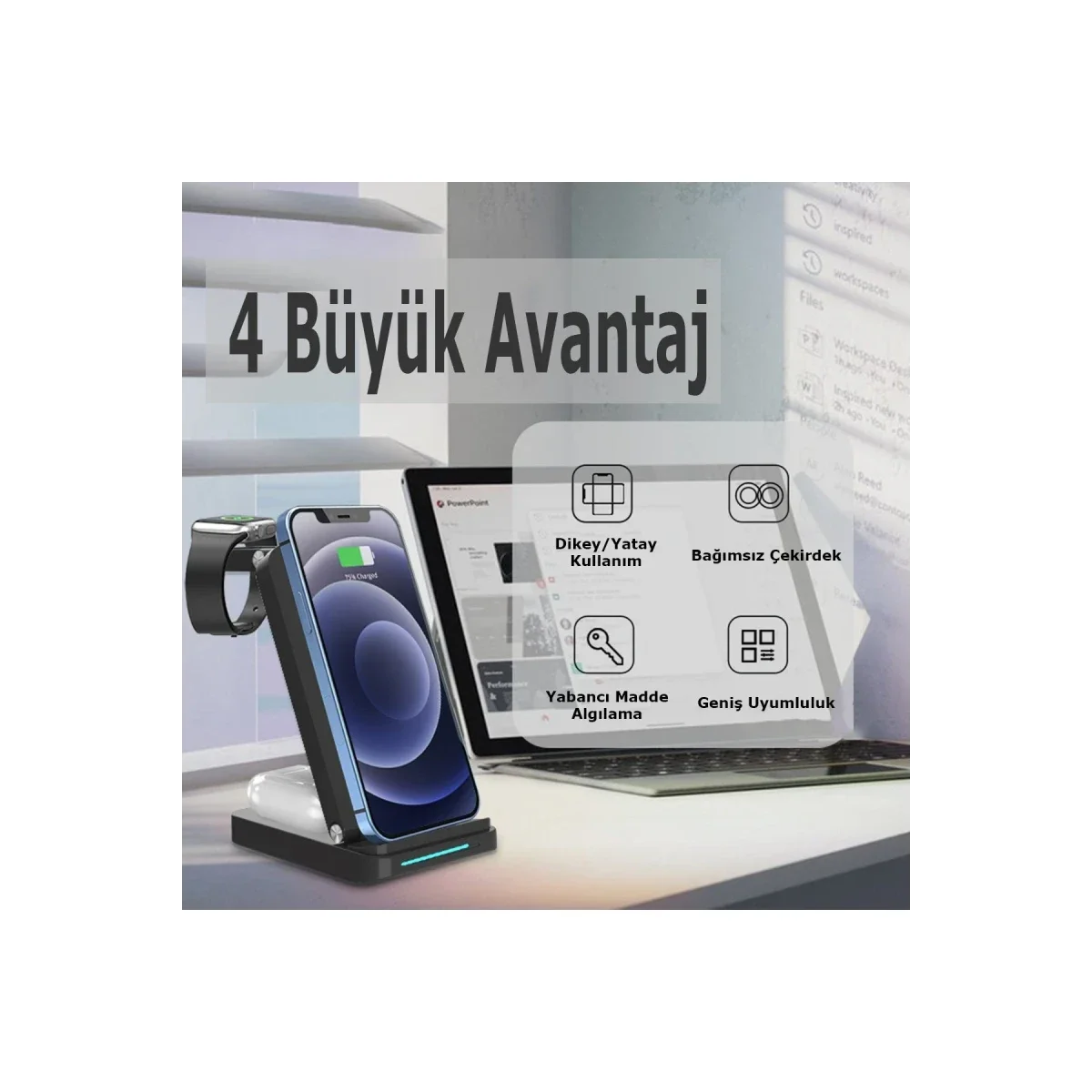 S90 4in1 Kablosuz Şarj Masaüstü Set - Siyah görsel 3