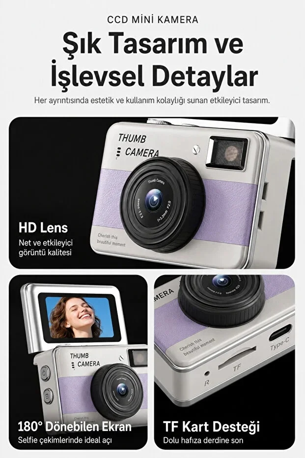 Retro ni Dijital Kamera 1080P 1.47 İnç Flip Ekranlı Flaşlı Selfie Vlog Kamerası 4GB SD Hediyeli Turuncu görsel 3