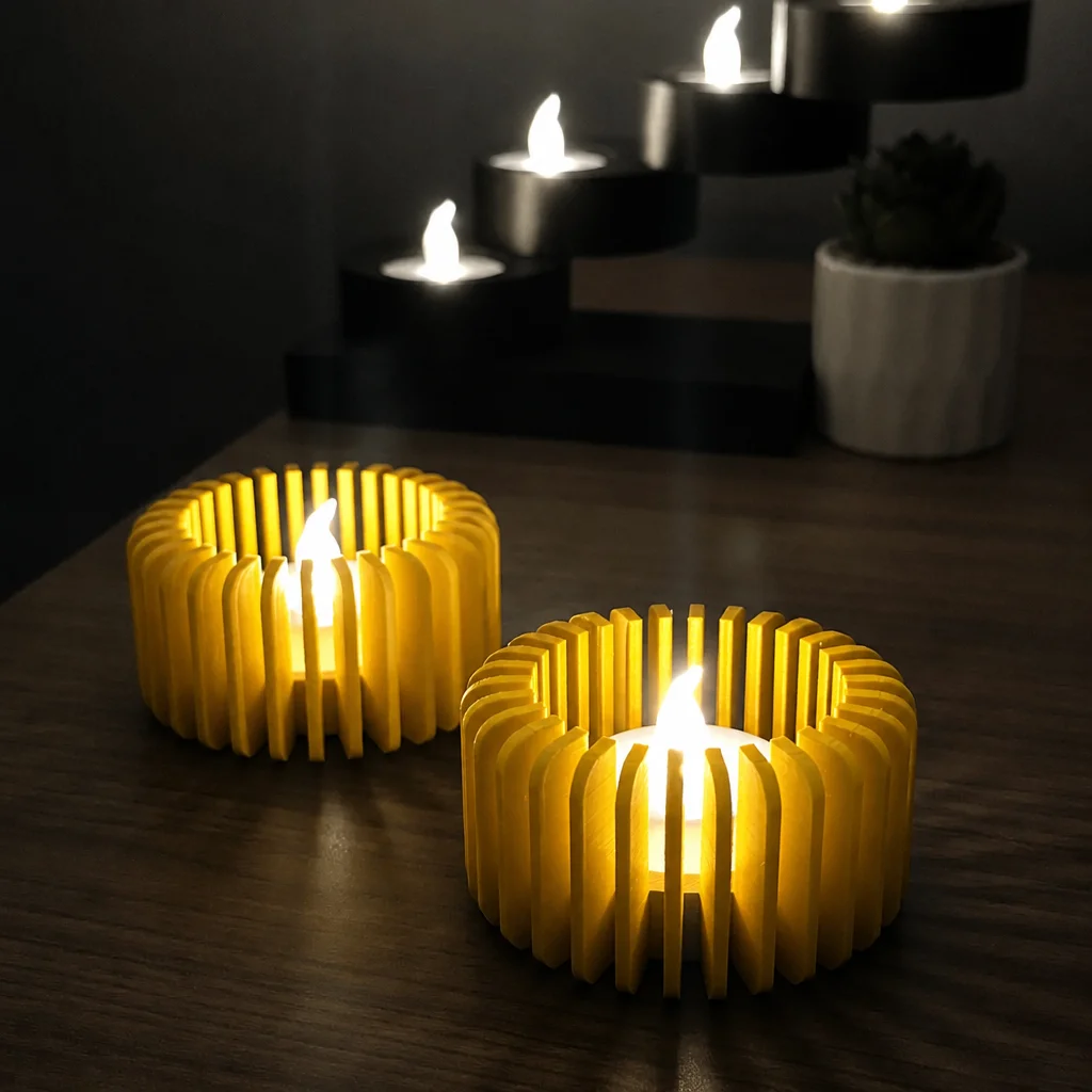 3D Baskı Modern Çizgili Mumluk - Tealight Mumluk (1 Adet)-Sarı görsel 3