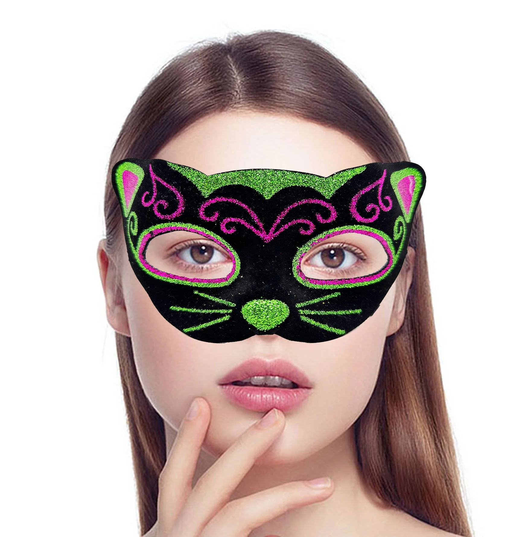 Siyah Kadife Kaplama Üzeri Pembe Yeşil Sim İşlemeli Kedi Maskesi 20x13 cm görsel 2
