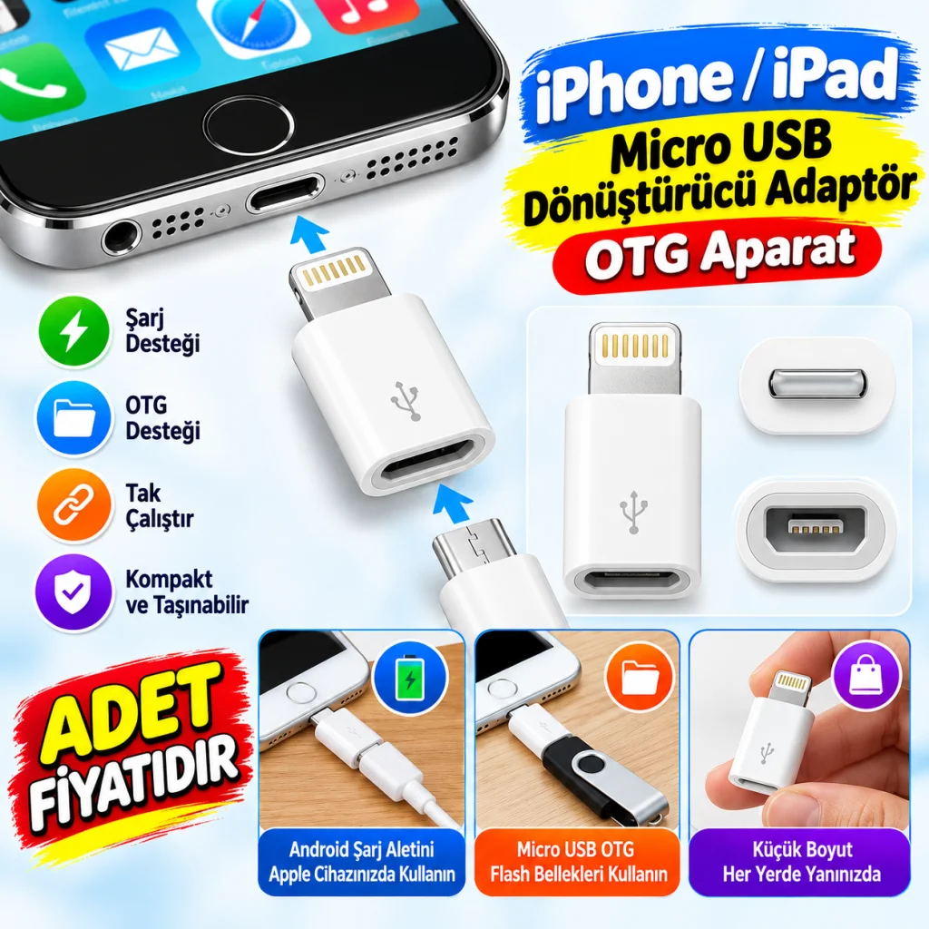 iPhone / iPad Micro Usb Dönüştürücü Adaptör OTG Aparat (adet fiyatıdır)
