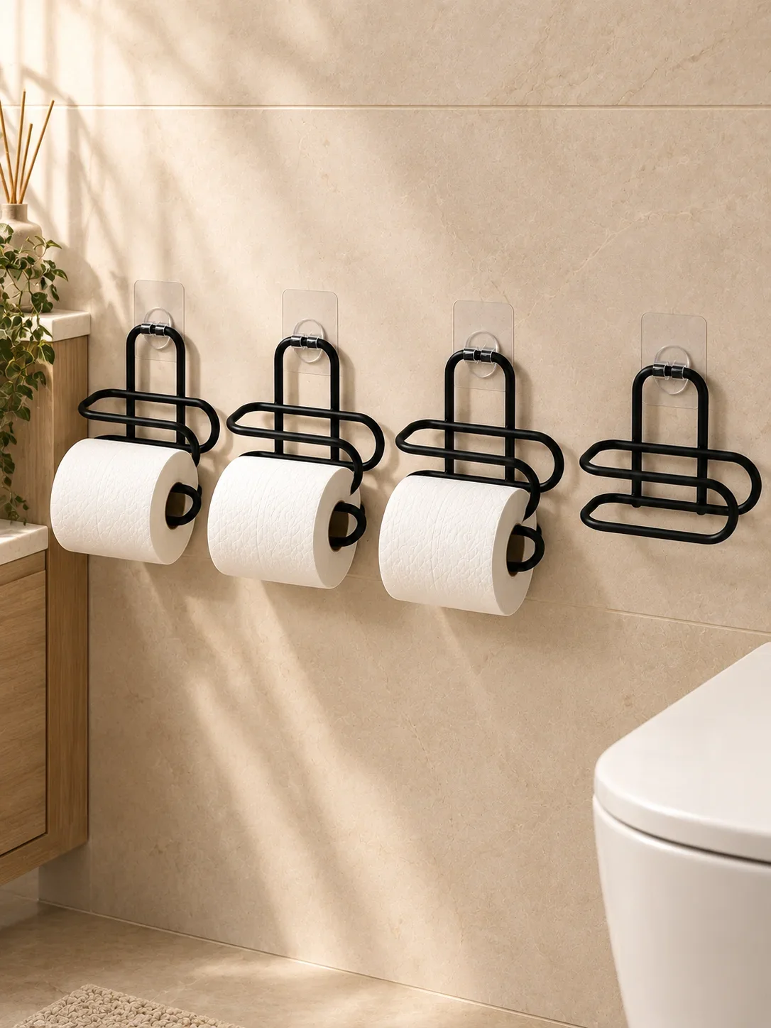 Siyah Metal WC Kağıtlık Yapışkanlı Duvar Tipi Tuvalet Kağıdı Tutucu Seti 4 Adet görsel 2