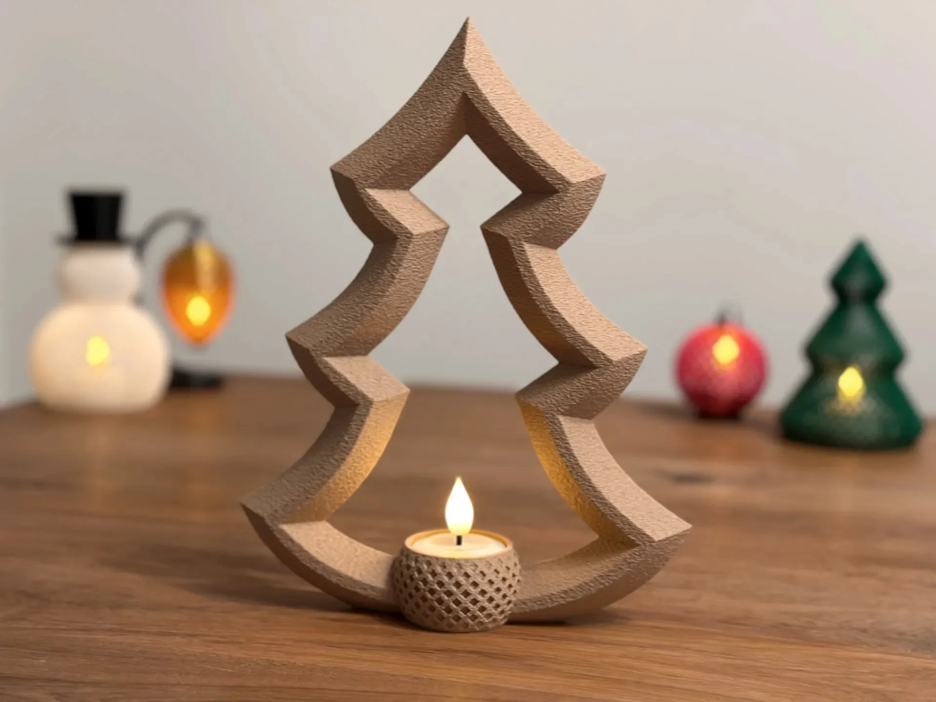 3D Baskı Yılbaşı Ağacı Tealight Mumluk 18 cm Dekoratif Çam Ağacı Şamdan Yeni Yıl Masa Süsü
