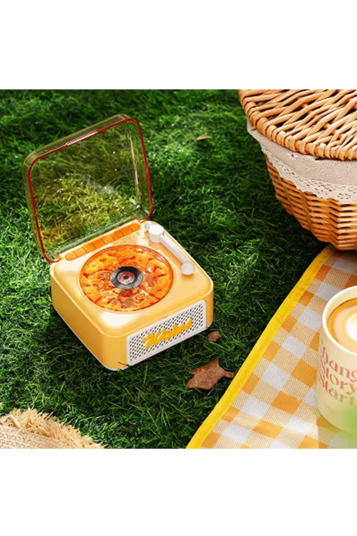 Nostalji Mini Plak Görünümlü Radyolu Bluetooth Hoparlör 3D Ses Dalgası Retro Müzik Plak Sarı görsel 4