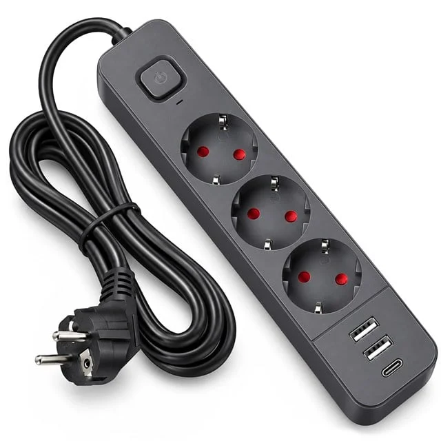 S-Link SPG03U 2 Usb + 1 Type C 5V2.4A 3X1.0mm Bakır 1.5M Kablo 750 Joule 3’lü Anahtarlı Siyah Akım Korumalı Priz görsel 4