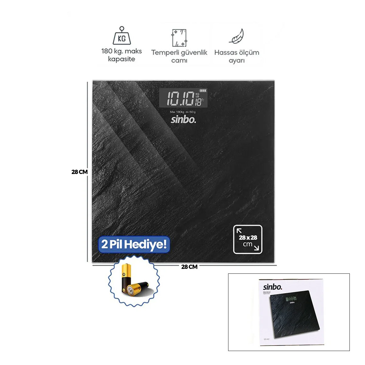 Dijital - Pilli Banyo Baskül Terazi Tartı Lcd Ekran - Sıcaklık Gösterge 180KG/50GR 28X28CM SBS-4452