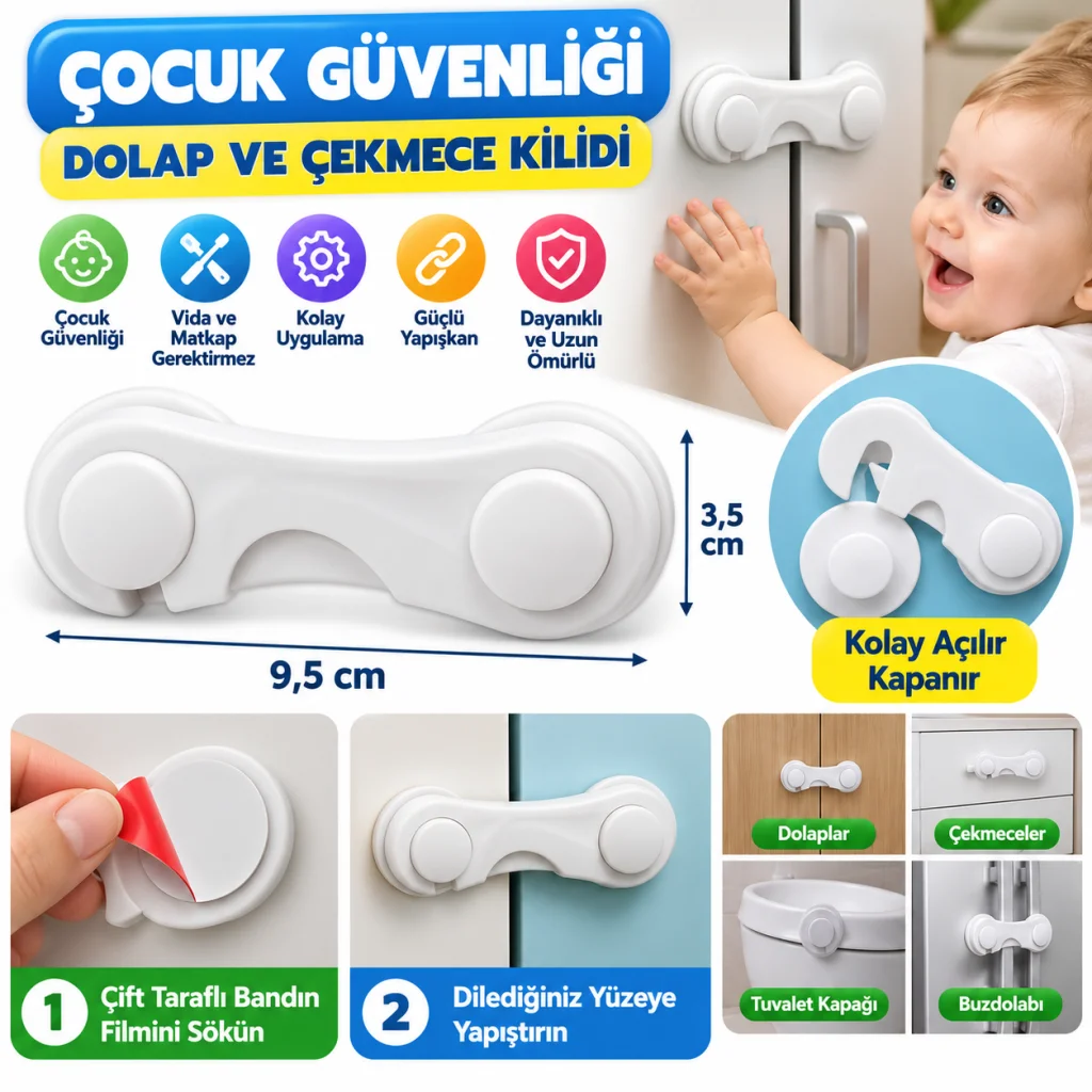 Bebek Çocuk Güvenliği Çekmece ve Dolap İçin Kendiliğinde Yapışkanlı Vidasız Kapak Kilidi