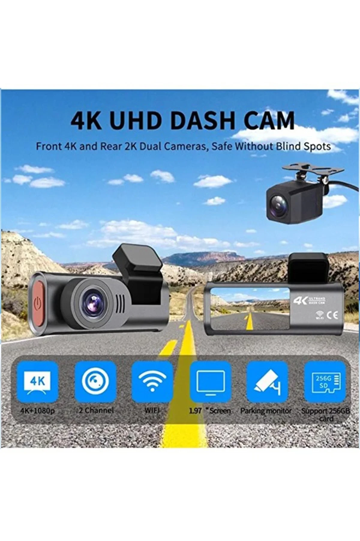 4K WiFi Çift Kameralı Araç Kamerası Gece Görüşlü G-Sensörlü Dash Cam 170 Derece görsel 2