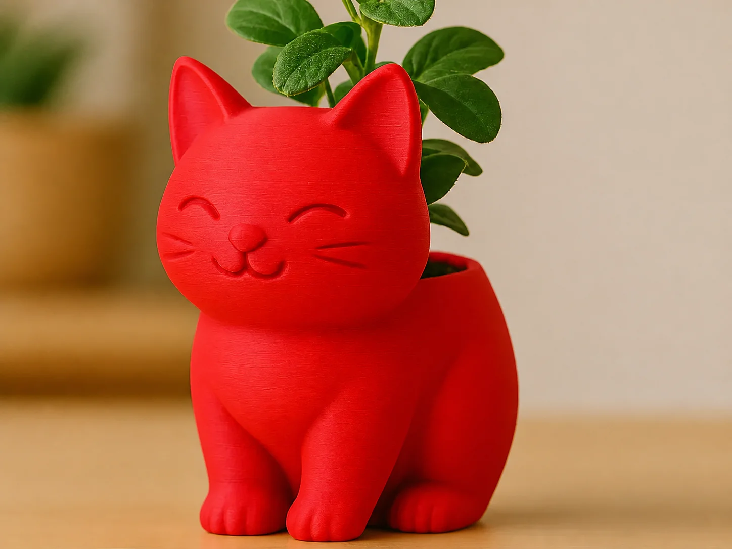 3D Baskı Sevimli Kedi Saksı - Figürlü Sukulent Saksısı-Kırmızı