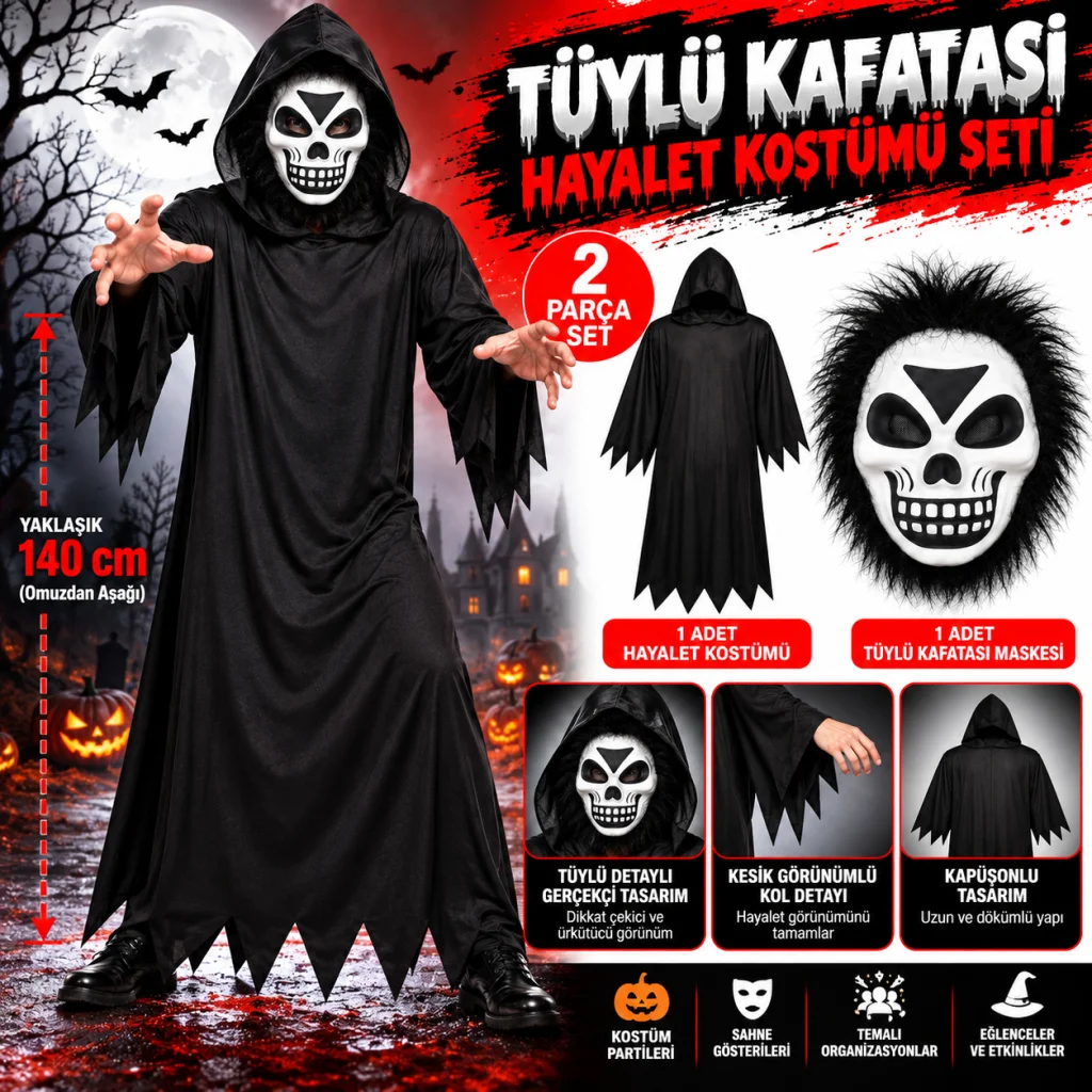 Tüylü Eva Kafatası Maskeli Siyah Hayalet Kostümü – 140 cm