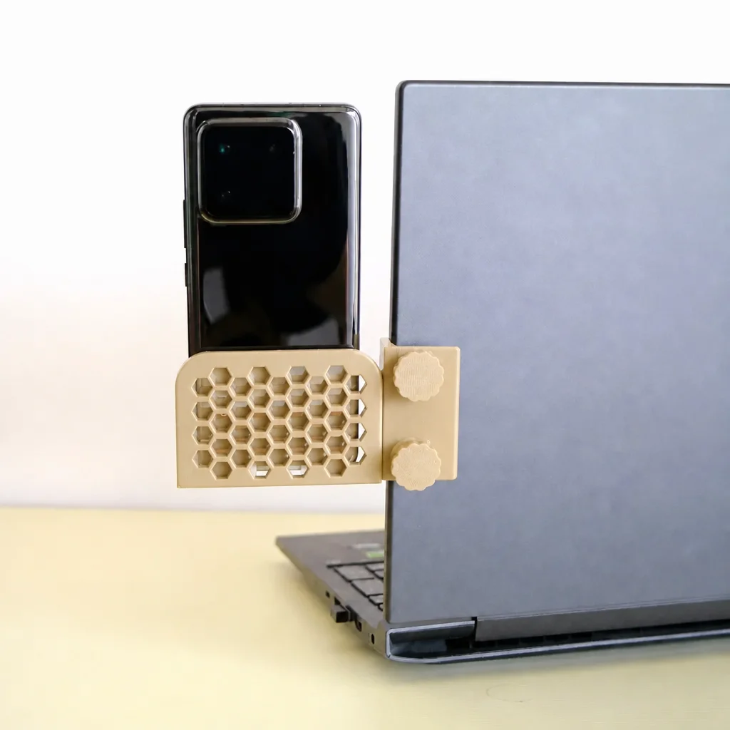 3D Baskı Monitor Telefon Tutucu - Petek Desenli Laptop Kenar Telefon Tutucu-Bej görsel 3