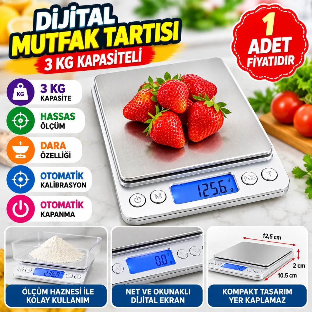 Elektronik 3 kg Kapasiteli Dijital Hassas Kantar Mutfak Tartısı Terazi (adet fiyatıdır)