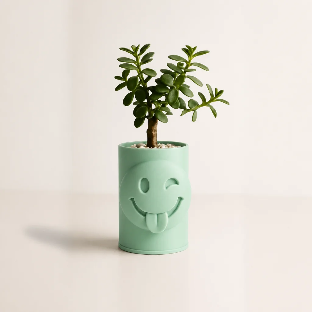 3D Baskı Emoji Planter - Göz Kırpan Yüzlü Sukulent Saksısı-Mint