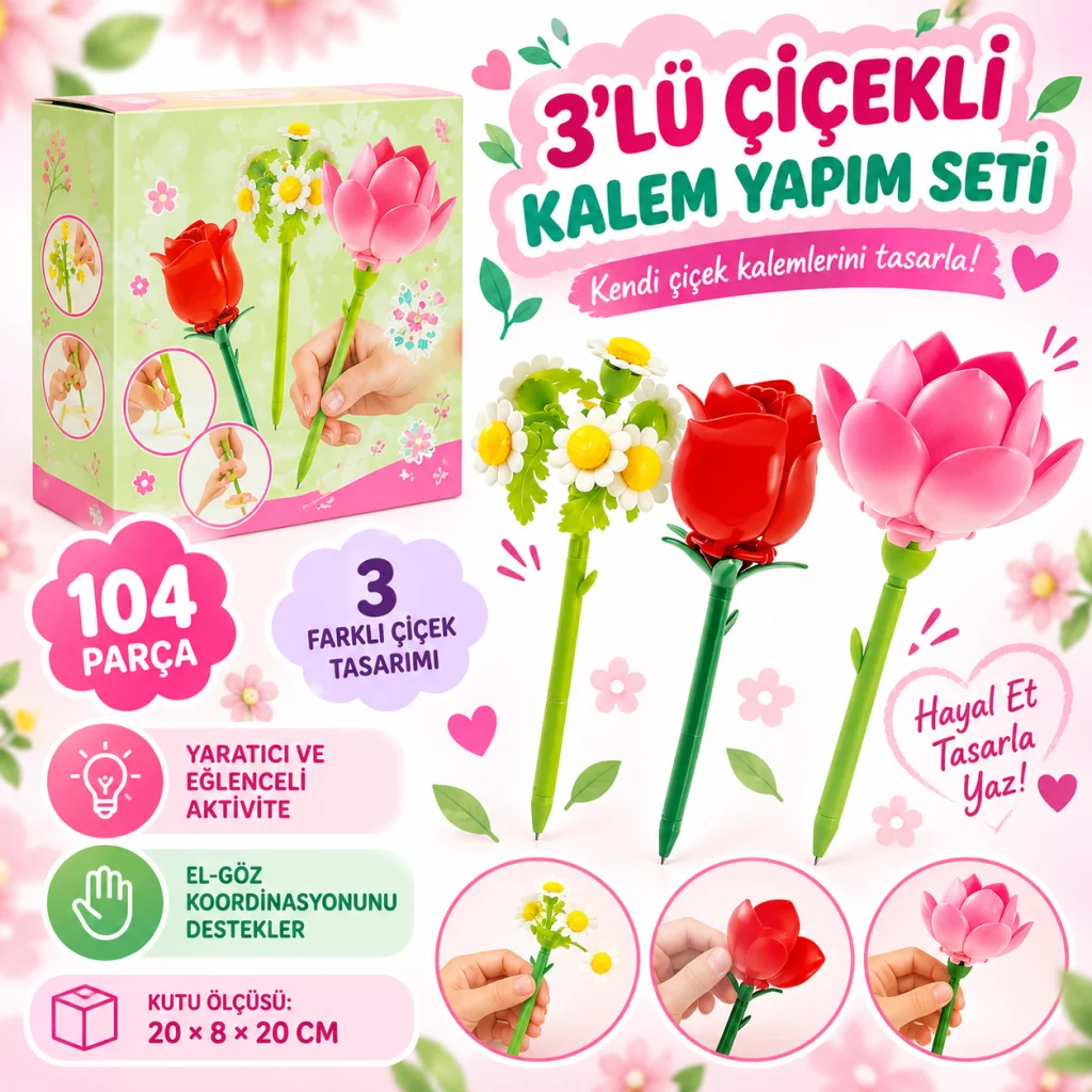 3’lü Çiçekli Kalem Yapım Seti 104 Parça