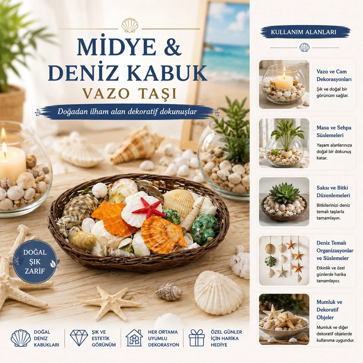 Oval Ahşap Sepet Renkli x dye - Deniz Kabuk Vazo Taşı