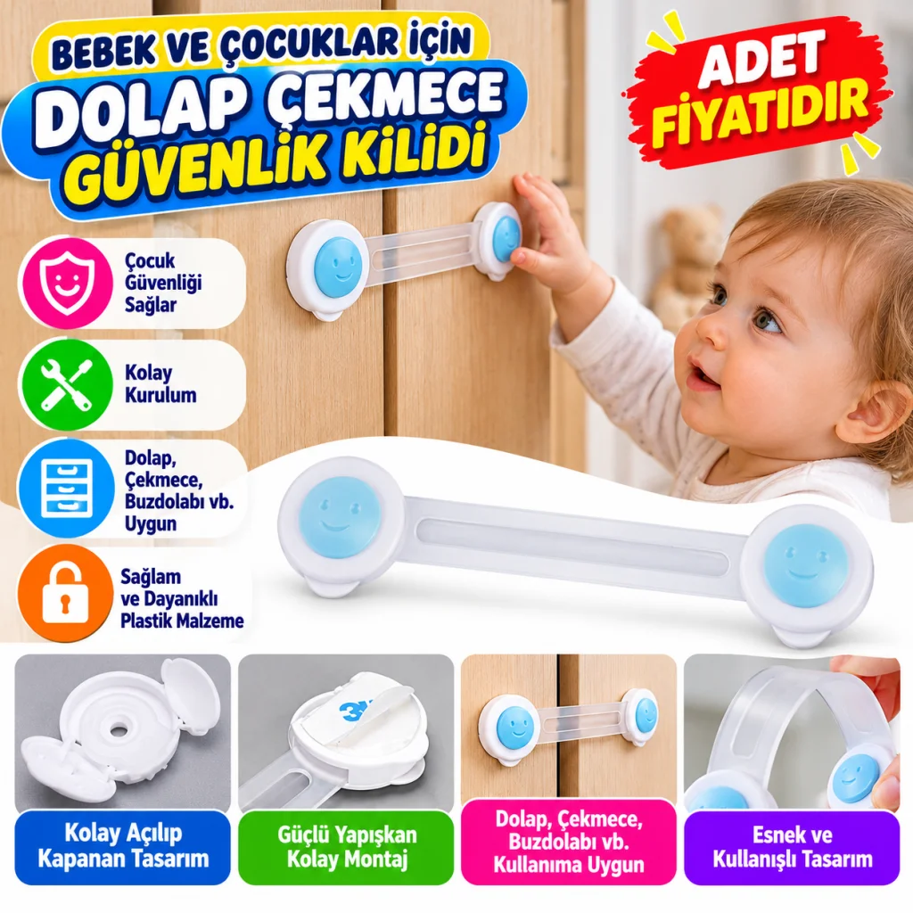 Bebek ve Çocuklar İçin Dolap Çekmece Emniyet Güvenlik Kilidi (adet fiyatıdır)