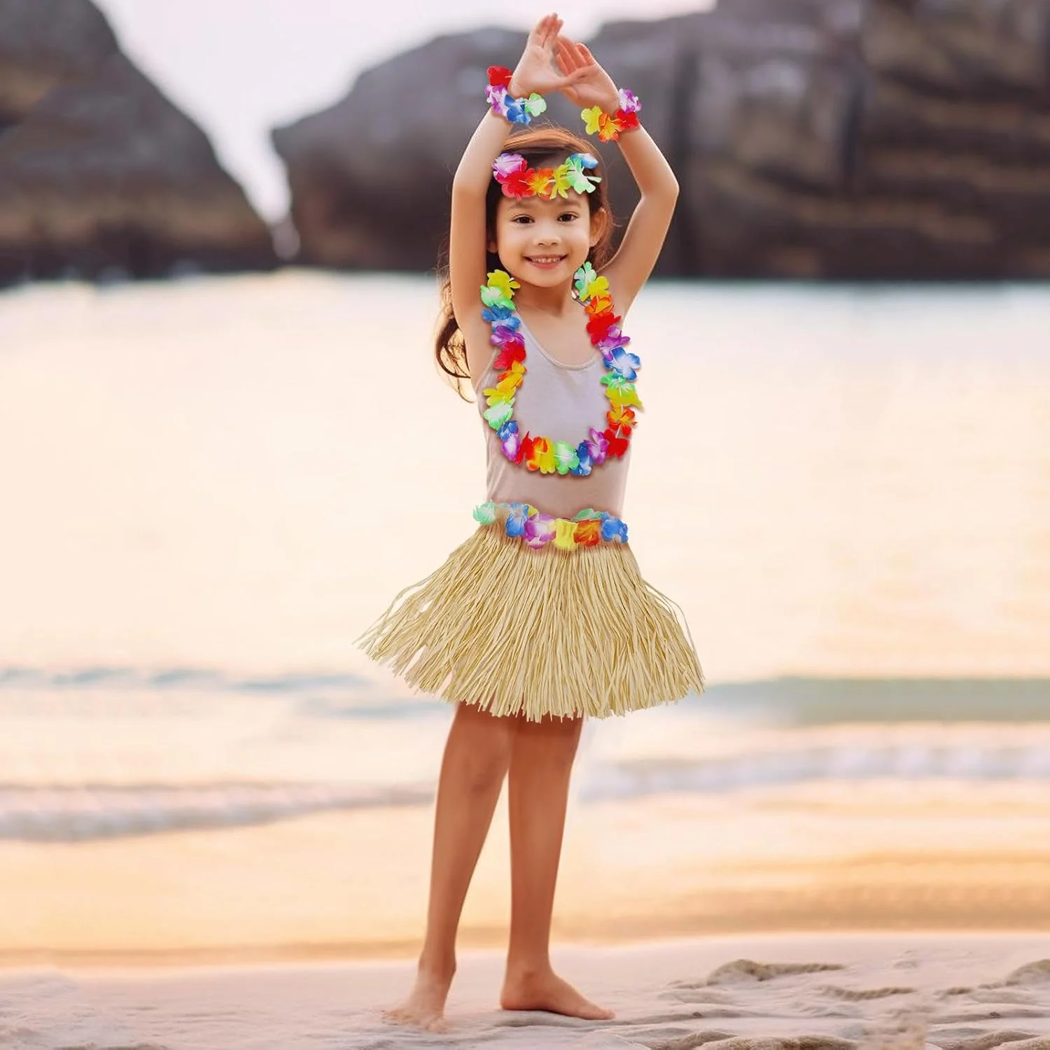 Yetişkin Çocuk Hawaii Parti Seti - 40 cm Naturel Etek + Çiçek Aksesuarlar (5 Parça) görsel 4