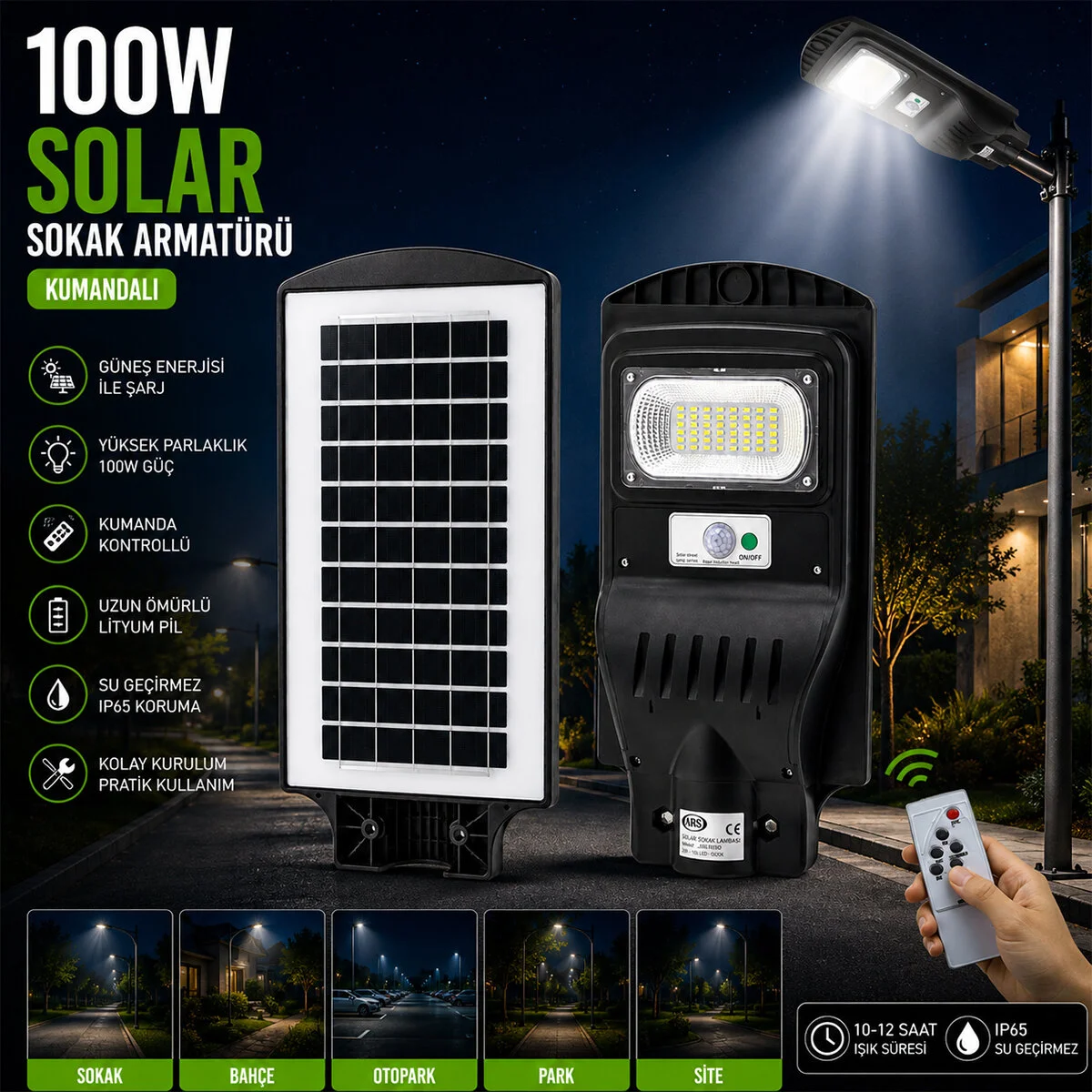 100W - 6500K Solar - Güneş Enerjili Sokak Lambası - Armatür Sensörlü Bahçe-balkon-sokak ARS-348964 görsel 2