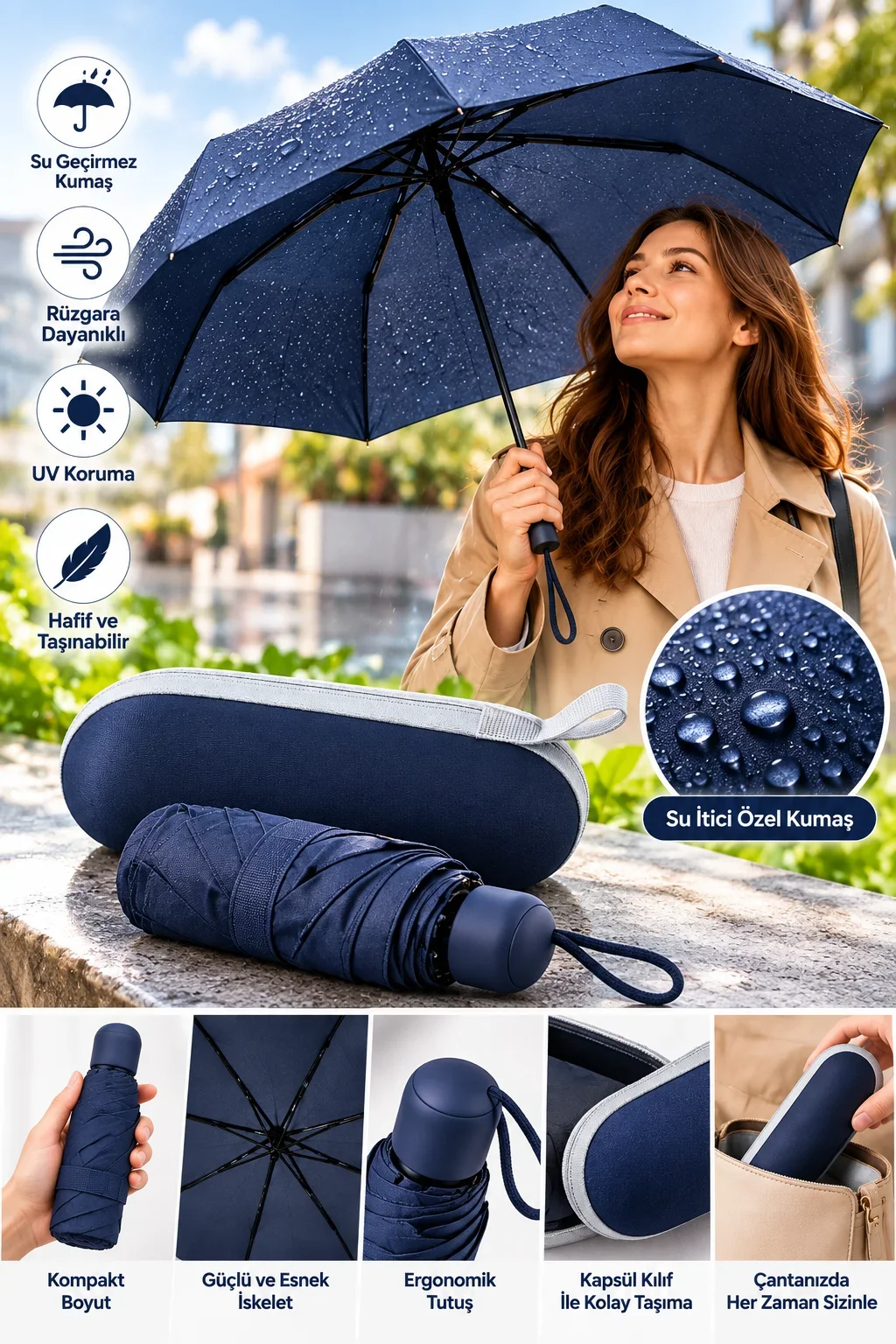 Pratik Taşınabilir Lacivert Kapsül Şemsiye Su İtici Kumaş Ergonomik Kullanım