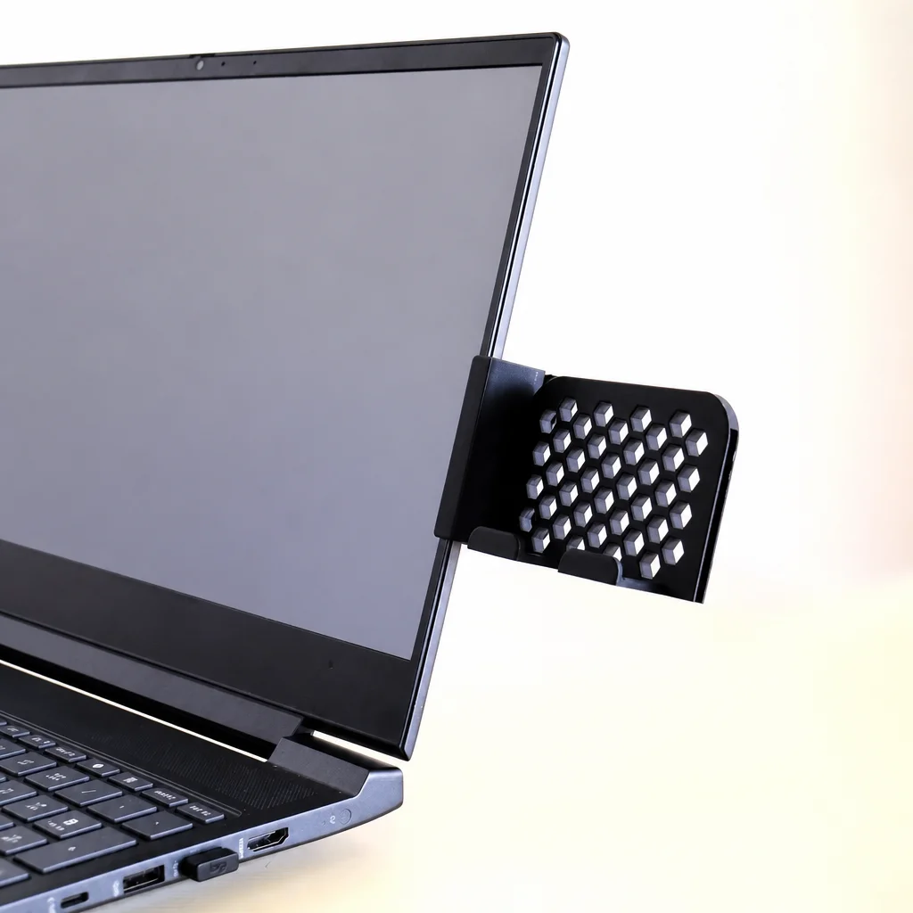 3D Baskı Monitor Telefon Tutucu - Petek Desenli Laptop Kenar Telefon Tutucu-Siyah görsel 2