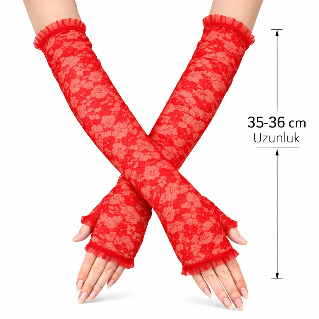 Uzun Zarif Dantel Eldiven Parmaksız Kırmızı 35 cm görsel 2