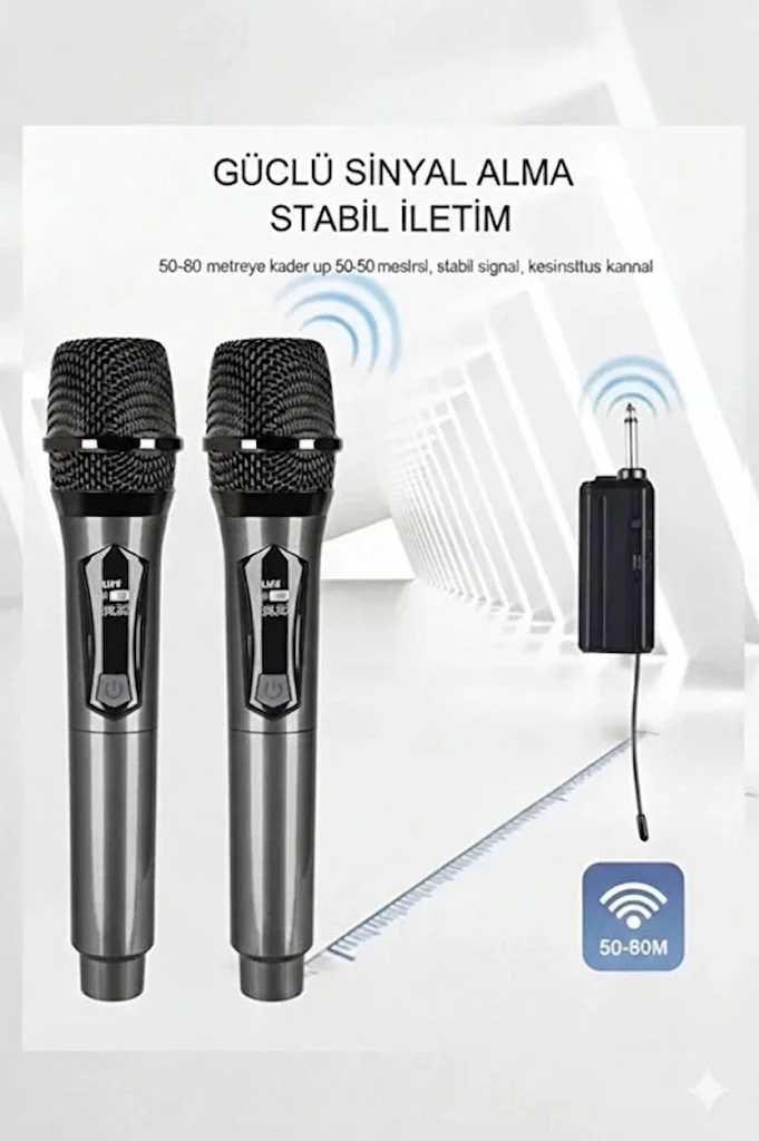 Profesyonel Çiftli Kablosuz krofon Seti Karaoke Şarj Edilebilir 50 Metre görsel 2