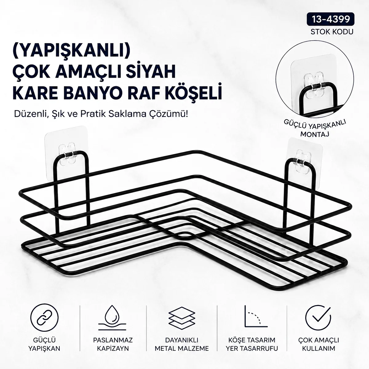 Yapışkanlı Siyah Çok Amaçlı Köşe Banyo Rafı görsel 2