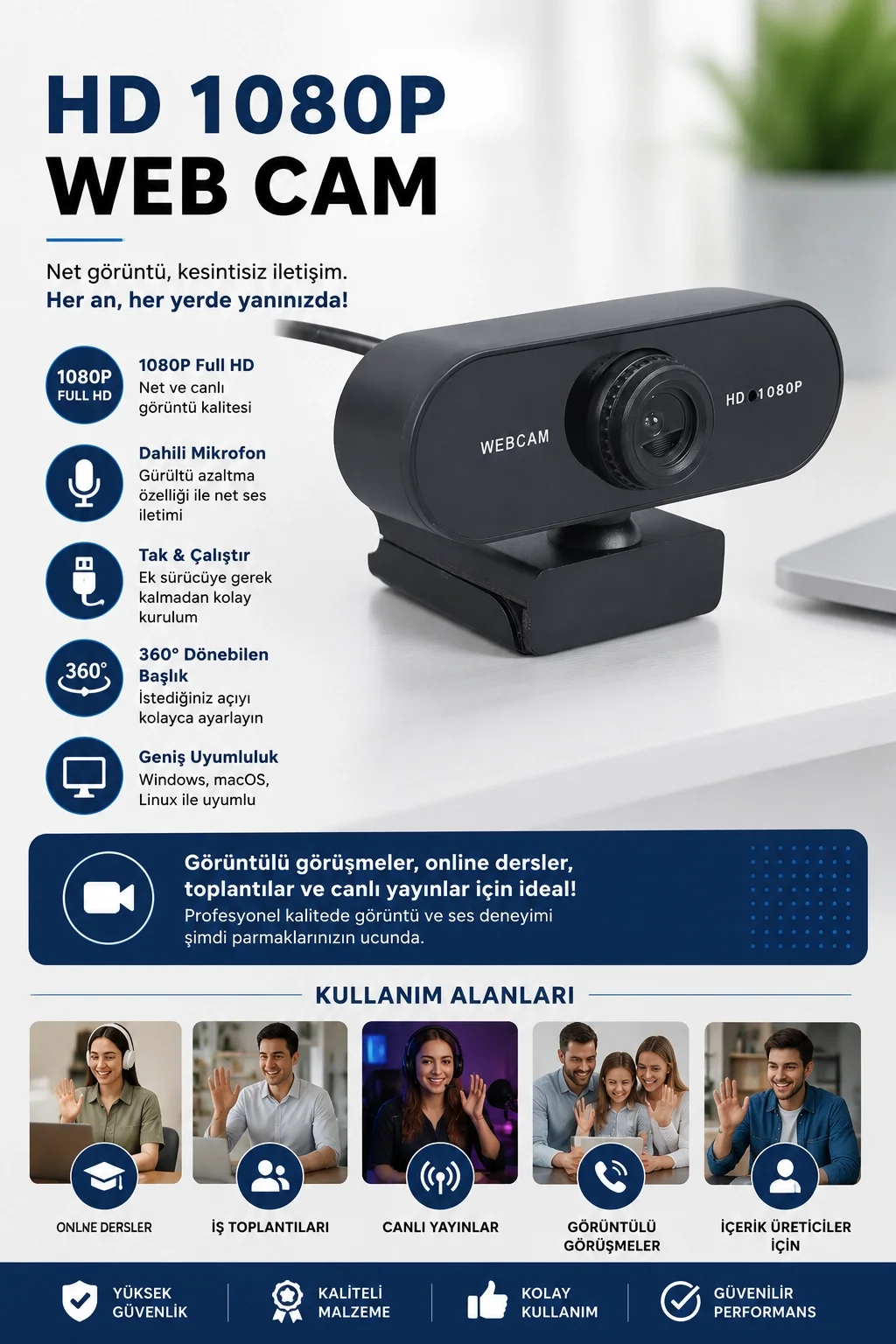 WebCam Orjınal HD 1080p Konferans Kamera Dahili Mikrofon Görüntülü Sohbet Yayın Kamerası HD Video