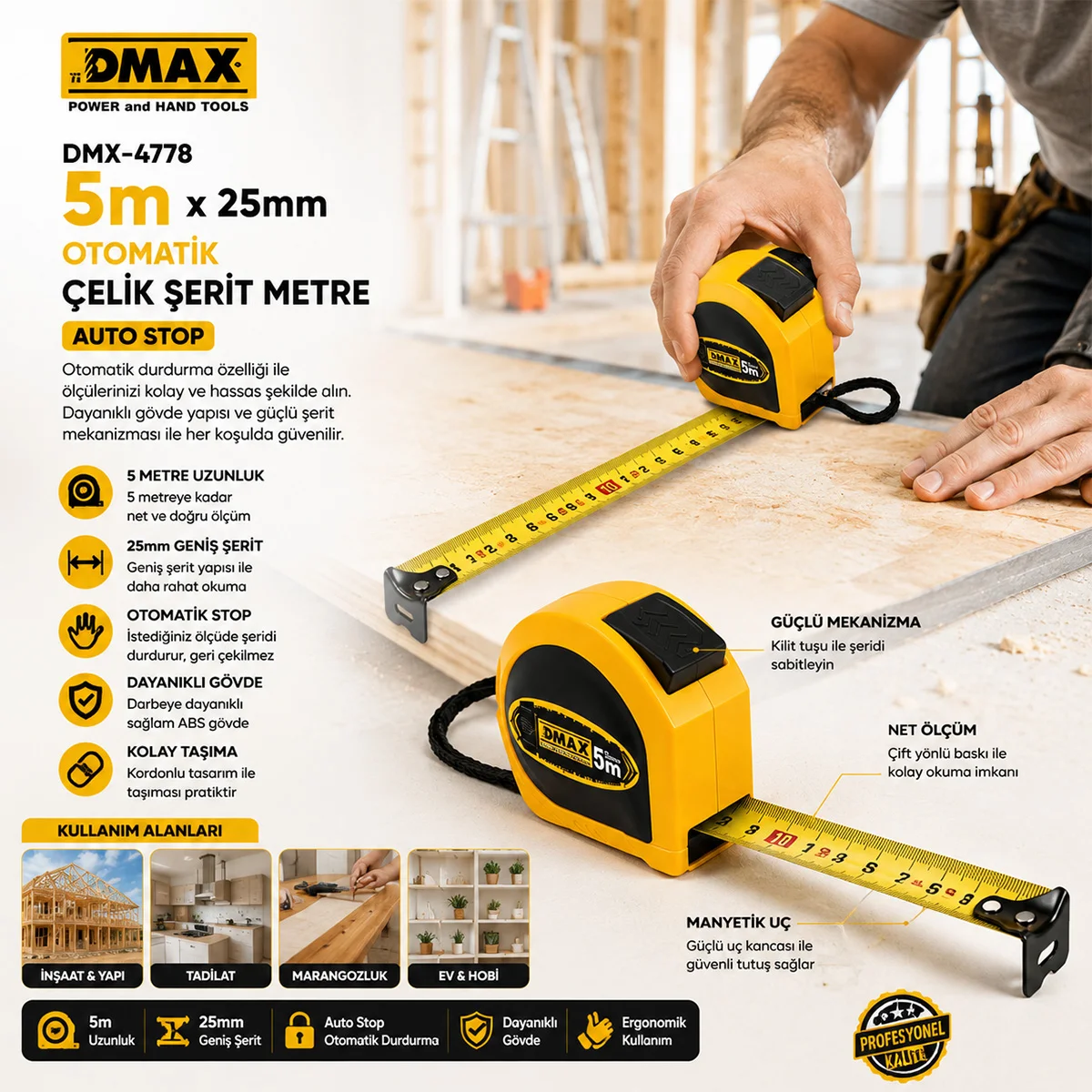 5m x 25mm Otomatik Çelik Şerit Metre (Stoplu) görsel 3