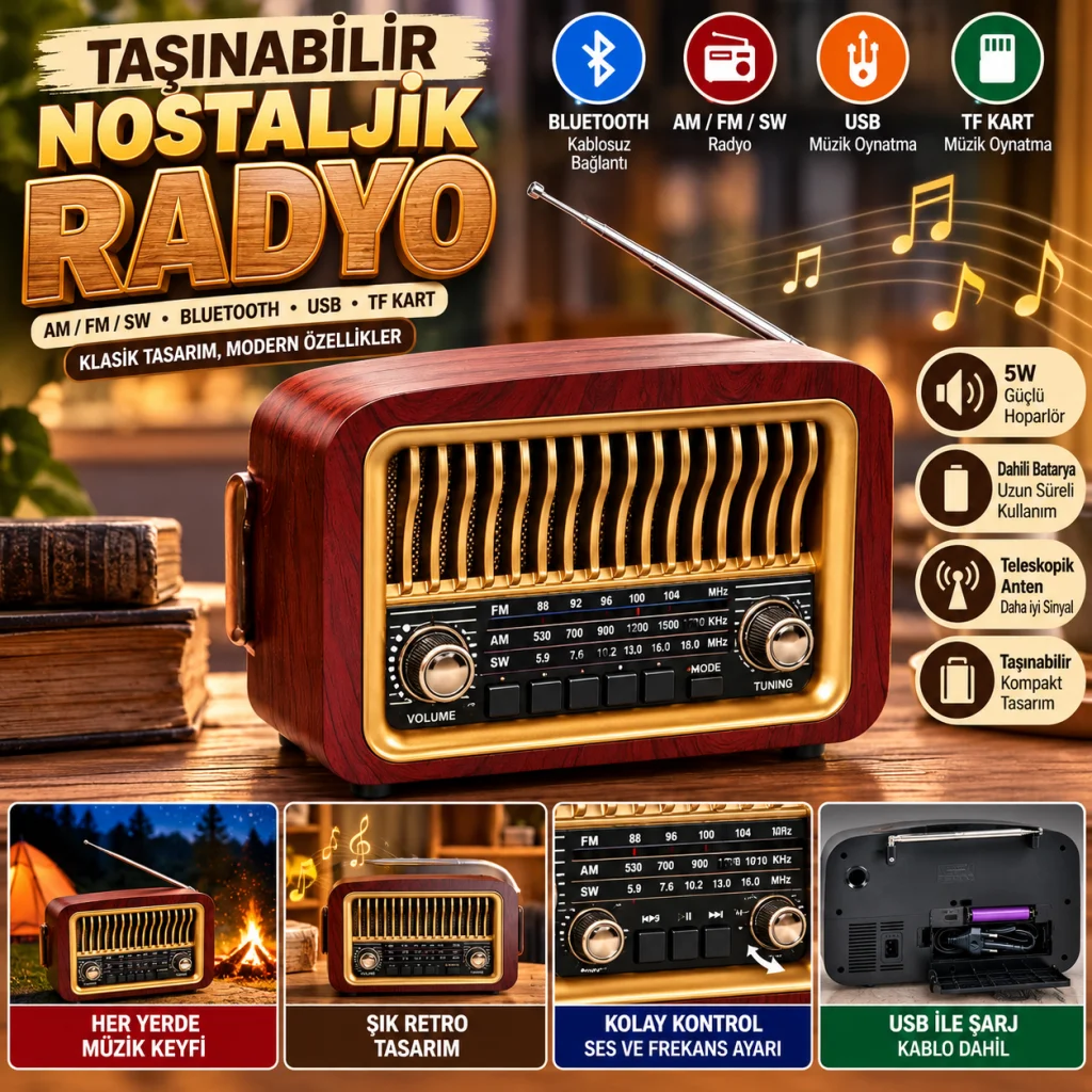 Taşınabilir Klasik AM/FM/SW Transistör Retro Nostaljik Radyo USB Şarjlı