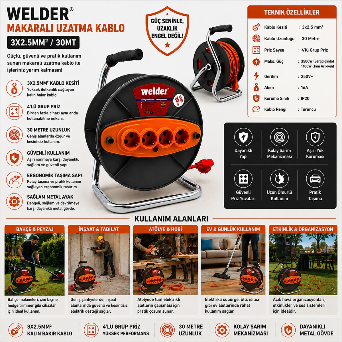 3X2.5MM 30MT Makaralı Uzatma Kablo Ct Welder görsel 4