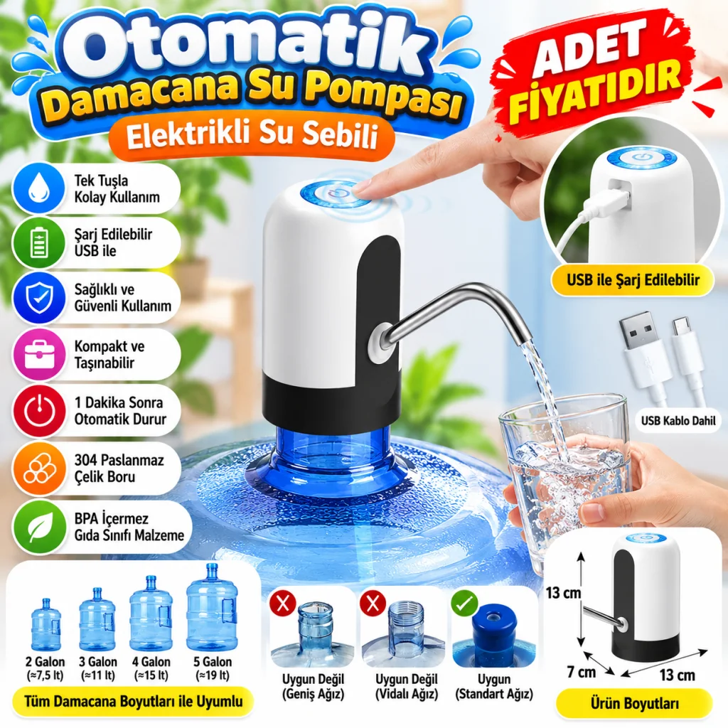 Usb ile Şarj Edilebilir Elektrikli Otomatik Damacana Su Pompası (adet fiyatıdır)