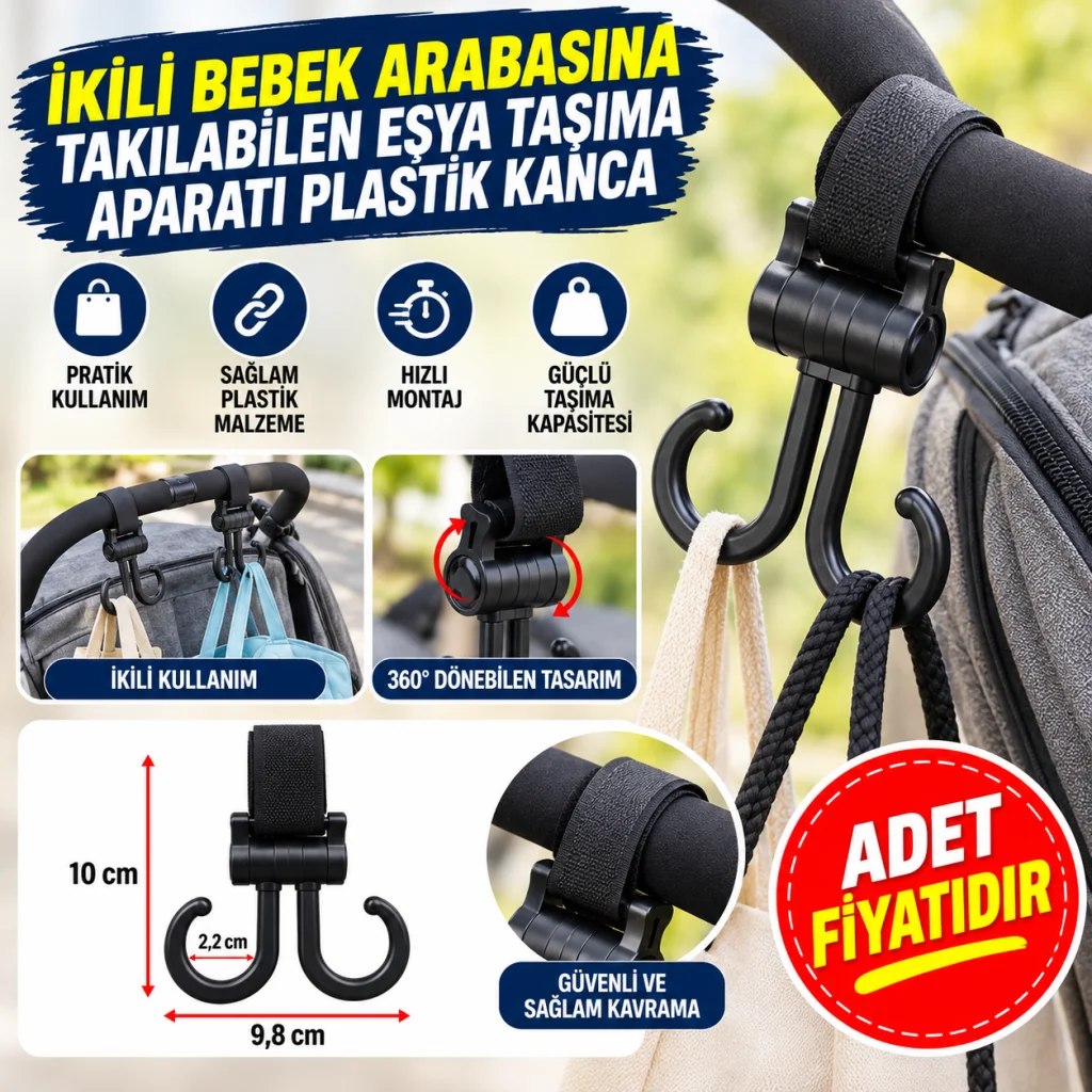 2li Bebek Arabasına Uyumlu Cırtlı Eşya Taşıma Aparatı 360 Derece Dönebilen Plastik Kanca (adet fiyatıdır)