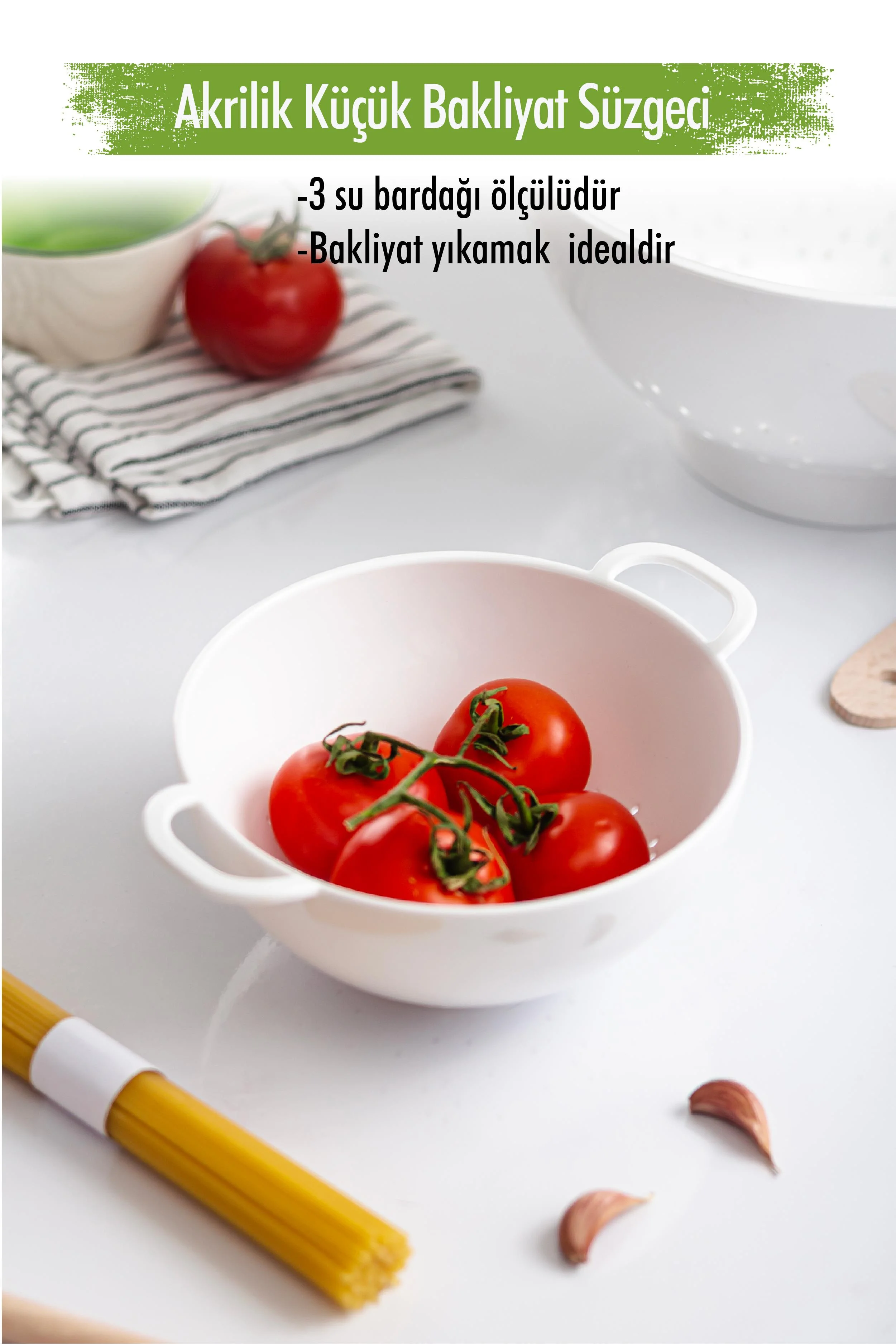 Akrilik Beyaz ni Pirinç Süzgeçi & Bakliyat Süzgeçi (3 Su Bardağı Ölçülü)
