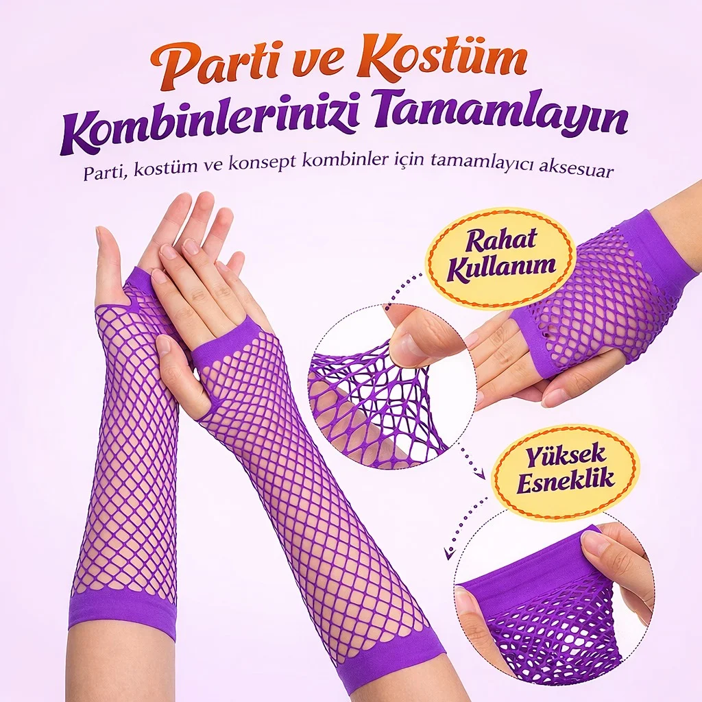 80’ler 90’lar Retro Mor File Parmaksız Eldiven 26 cm görsel 2
