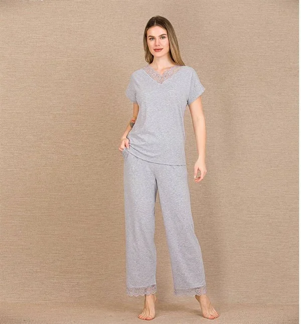 Viskon Şık Tasarım Dantel İşlemeli Gri Kısa Kol Pijama Takımı görseli
