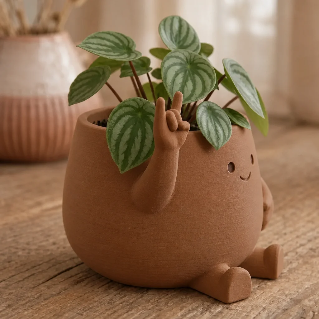 3D Baskı Smiley Face Planter - Gülümseyen Karakterli Saksı-Kahverengi görsel 2
