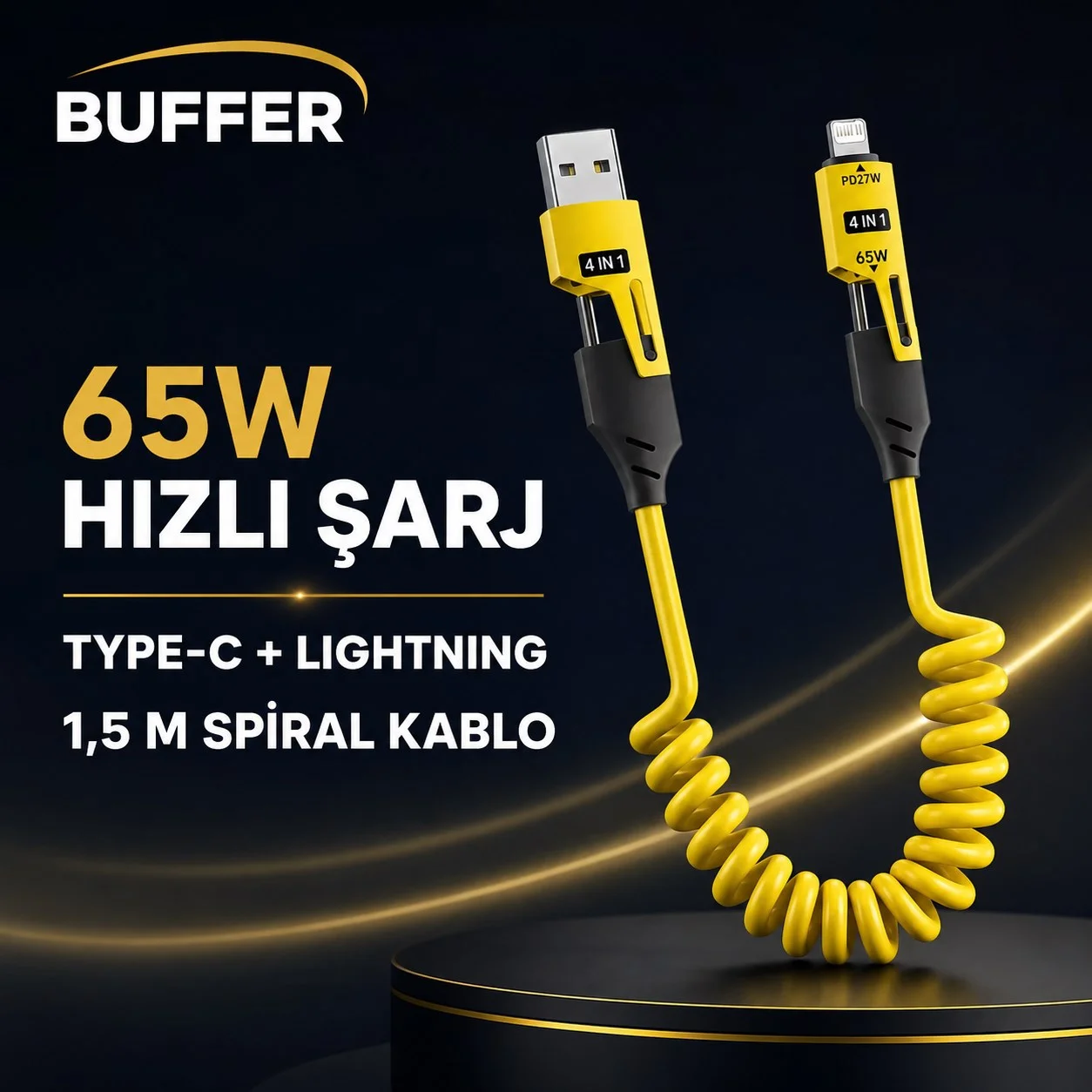 4'ü 1 Arada Esnek Spiral Hızlı Şarj Kablosu, Araç İçi Yaylı Kablo, Type-C ve Lightning Uyumlu Çoklu Şarj Kablosu