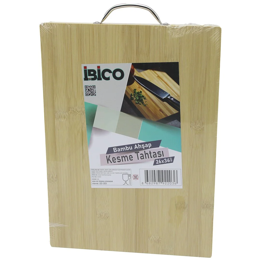 26X36 X 1.7CM Lux Ahşap Bambu Kesim Panosu - Kesme Tahtası Metal Kulplu