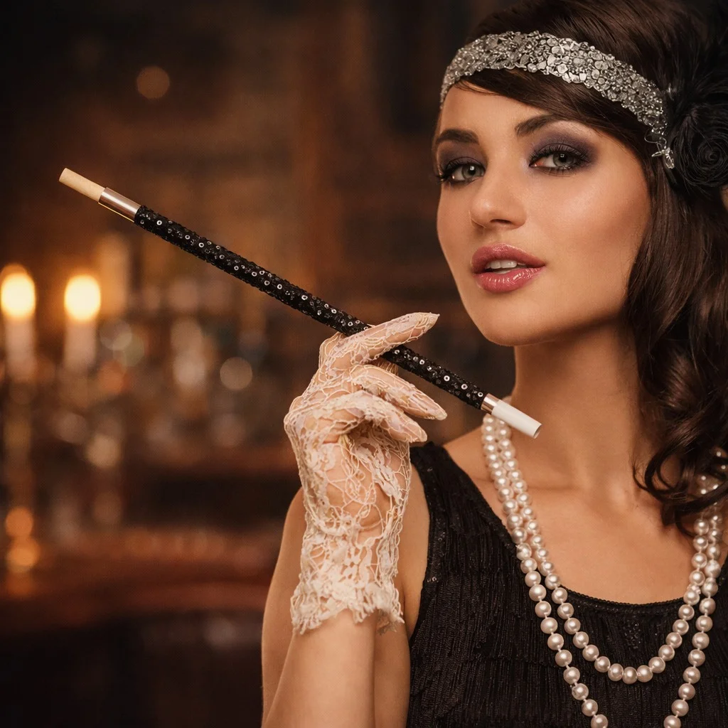 30 cm Siyah Payetli Sigara Tutacağı – 1920’ler Gatsby Parti Aksesuarı görsel 3