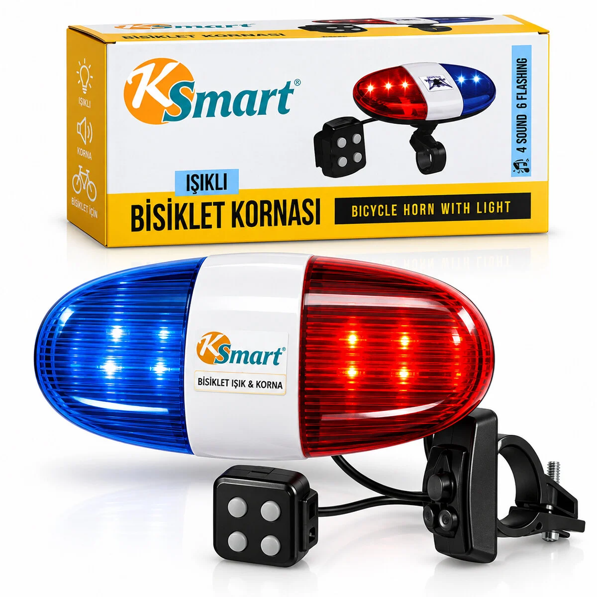 Bisiklet Kornası - Zil Işıklı 2XAA Pil Polis - Siren 4 Fonksiyon K-1220