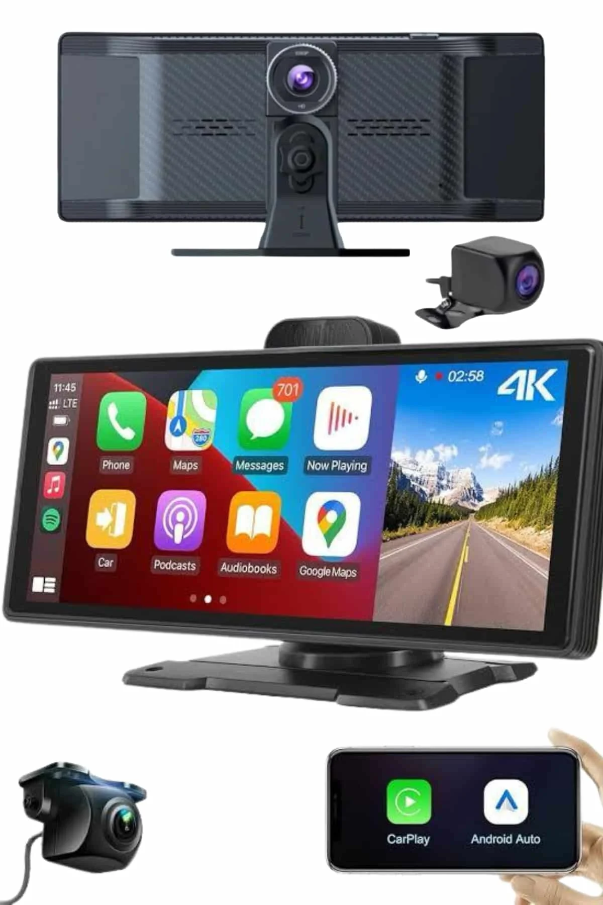 Android ve İOS Uyumlu Ön Arka Çift Kameralı Araç Ekranı Dokunmatik CarPlay görsel 2