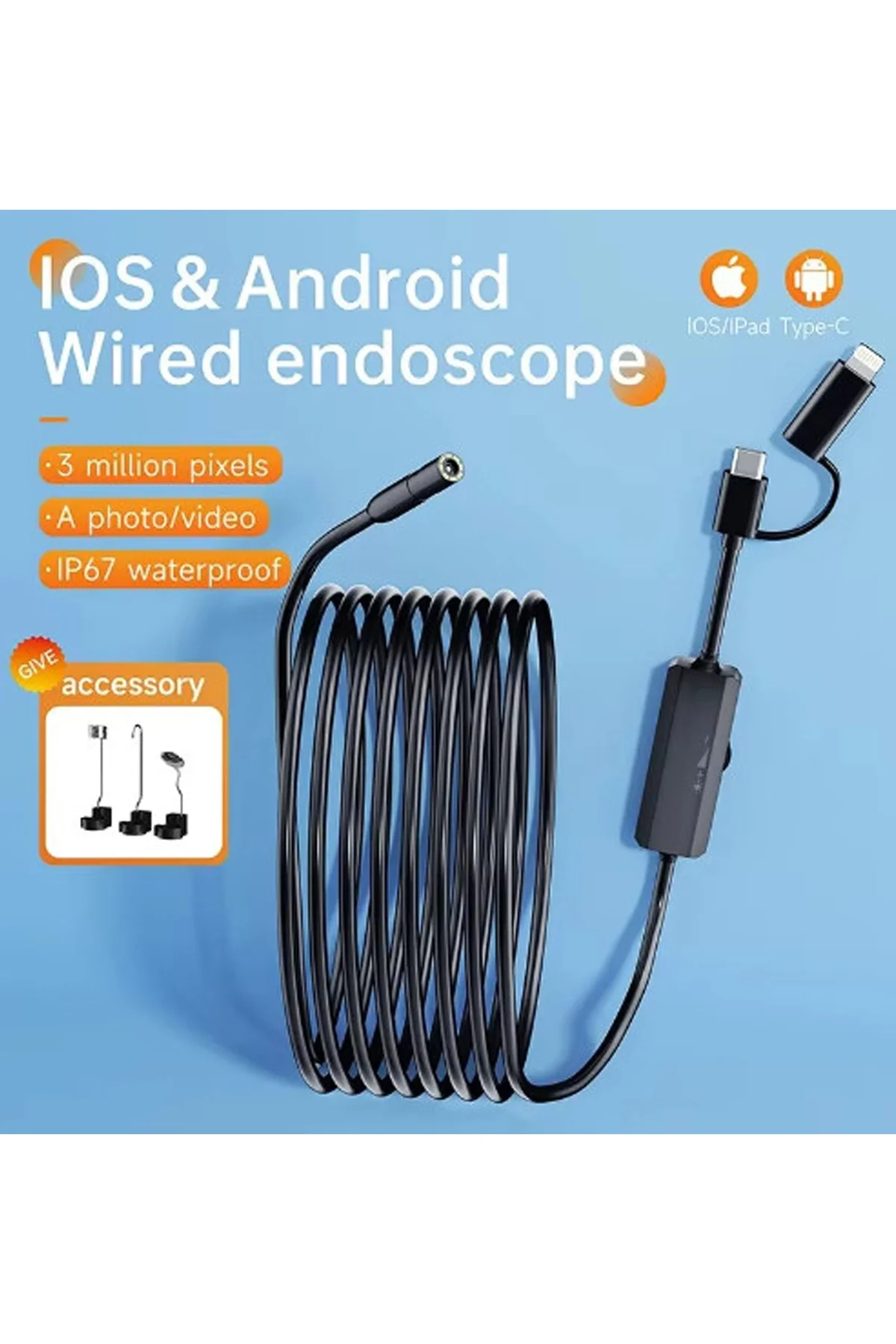 5 Metre Endoskop Yılan Video Kamera Ios ve android Uyumlu Led’li 8 mm Sert Kablo 2mp görsel 2