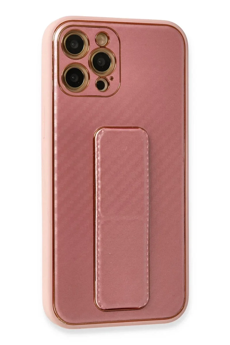 Apple iPhone 12 Pro Kılıf Coco Karbon Standlı Kapak - Pembe görsel 2