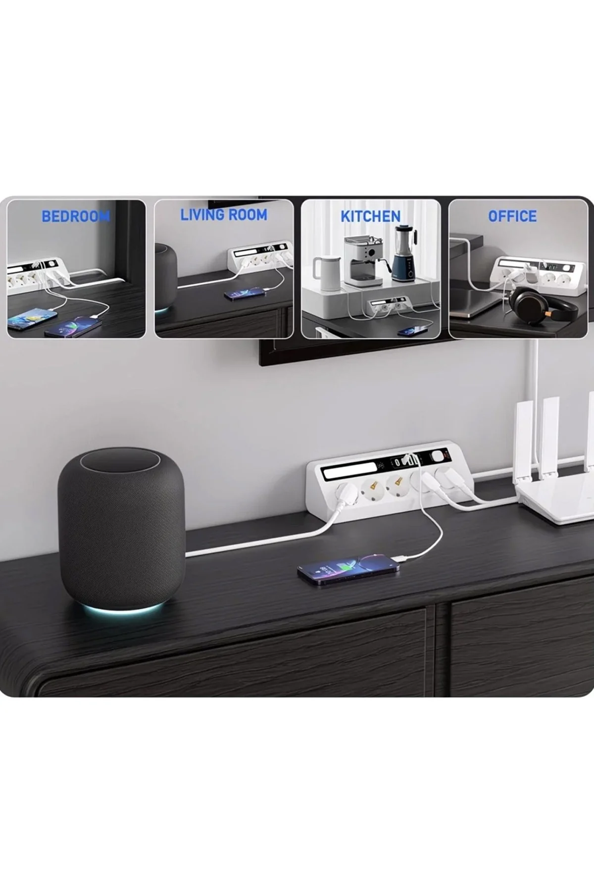 5’li Akım Korumalı Priz 2500W | 2 USB + 2 Type-C Hızlı Şarj | LED Gece Lambalı | Dokunmatik Beyaz görsel 5
